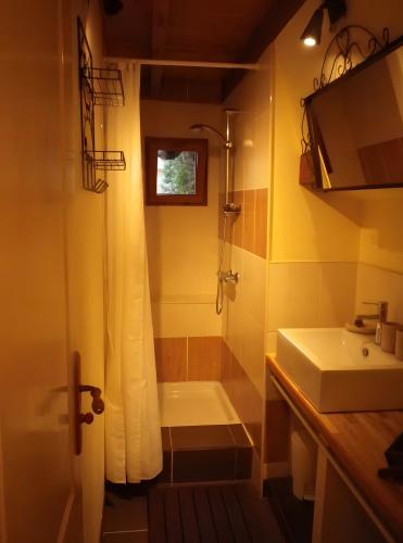 a bathroom with a shower and a tub and a sink at Gîte Champêtre, Tout Confort in Saint-Éloy-la-Glacière