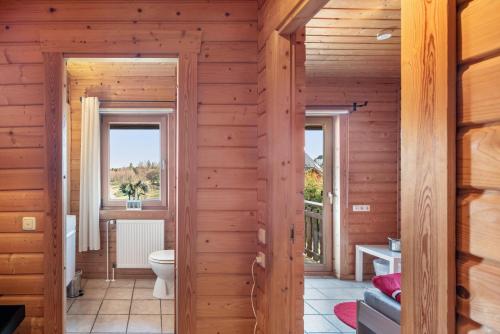 a bathroom with a toilet and two windows at Landhaus-Eifelhöhe in Schüller