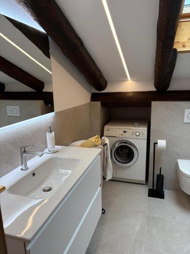a bathroom with a sink and a washing machine at Chalet Marianna in Meltina
