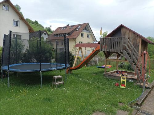 a yard with a playground with a slide and a play structure at Ferienwohnung Wiesenblick in Oberharmersbach