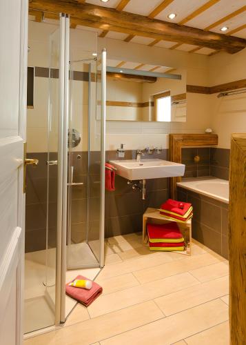a bathroom with a shower and a sink at Ferienhaus Apfelbäumchen Lenzkirch in Lenzkirch