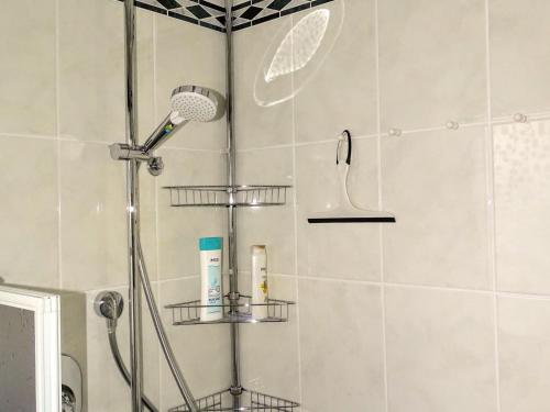 a shower with a shower head in a bathroom at Algetet Apartment in Hannover