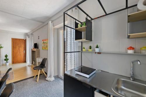 a kitchen with a sink and a counter top at Isola Bella Apartment in Barghe