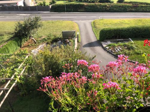 a garden with pink flowers and a winding road at Appartment Isabelle Sky in Lake Pressegg