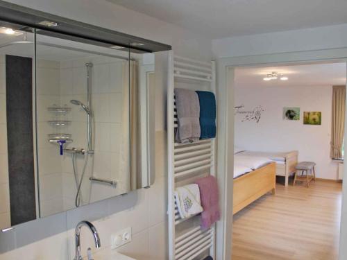 a bathroom with a shower and a bedroom with a bed at Ferienunterkunft Schrichten in Schmallenberg