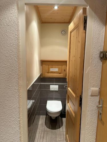 a small bathroom with a toilet and a wooden door at Duplex Méribel Mottaret 8 personnes in Les Allues