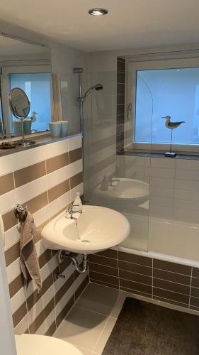 ein Badezimmer mit Waschbecken und Glasdusche in der Unterkunft Casa 2 in Todtmoos