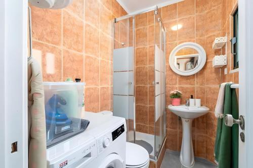 a bathroom with a shower and a toilet and a sink at Casa Da Quelha in Armamar