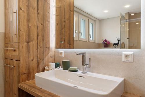 a bathroom with a white sink and a mirror at Moderner Schwarzwaldtraum in Oberharmersbach