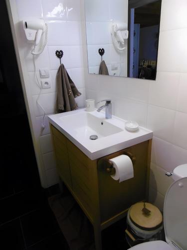 a bathroom with a sink and a toilet and a mirror at Logis Des Cerfs in Puyvalador