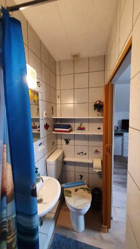 a bathroom with a toilet and a sink at Ferienwohnung Hiddenseeblick 1 in Dranske