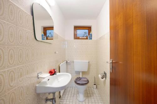 a bathroom with a sink and a toilet and a mirror at Haus vor Anker in Feldberg