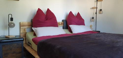 a bedroom with a bed with red pillows on it at Ferienwohnung am Huthainberg in Börnichen
