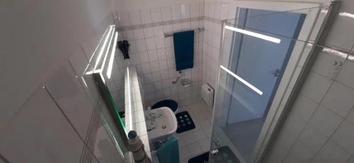 a small bathroom with a shower and a toilet at Ferienwohnung Küssaberg in Küssaberg