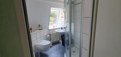 a white bathroom with a toilet and a sink at Fewo D und R Schwesternherz in Naumburg