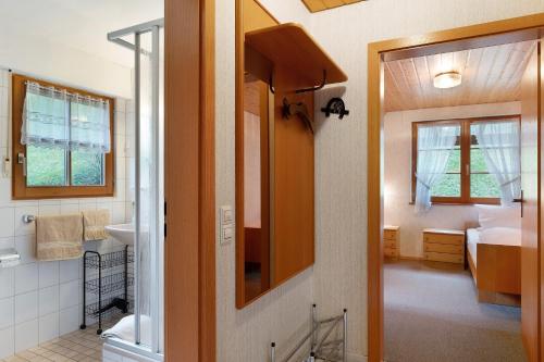 a bathroom with a toilet and a sink in a room at Ferienwohnungen Vogt's Libding in Bad Rippoldsau-Schapbach