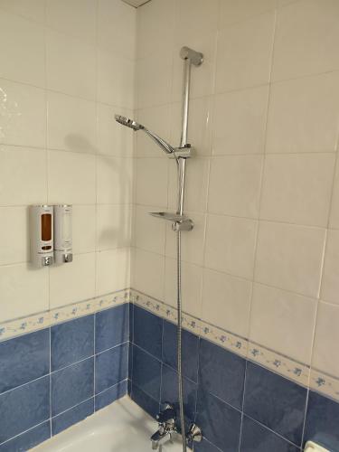 a shower in a bathroom with blue and white tiles at Marina Golf in Mojácar