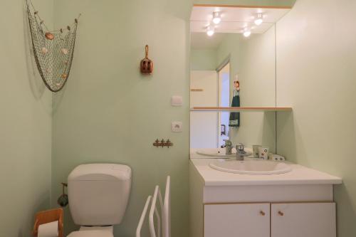 a bathroom with a toilet and a sink and a mirror at Maison familiale Kerriou in Plestin-les-Grèves