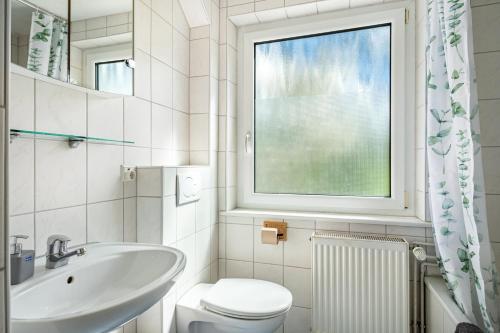 a bathroom with a sink and a toilet and a window at Ferien am Lipbachpark in Friedrichshafen