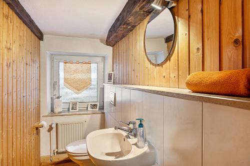 a bathroom with a sink and a toilet and a mirror at Ferienhaus Neuenrade in Neuenrade