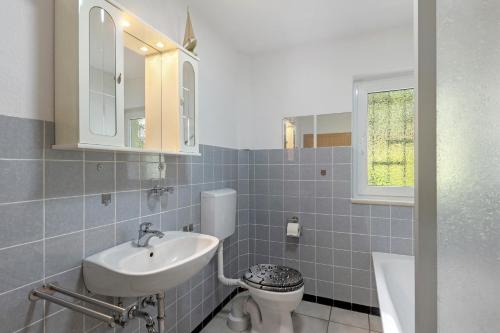 a bathroom with a sink and a toilet and a window at Ferienwohnung Eva in Grebenhain