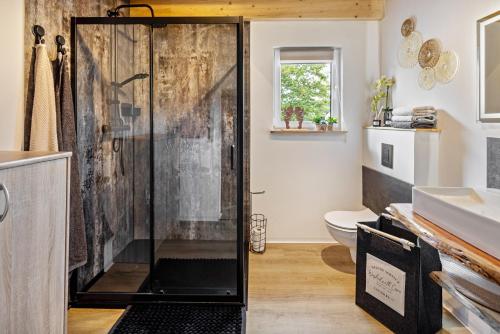 a bathroom with a glass shower and a toilet at Urlaub im Garten Gottes in Klosterlangheim
