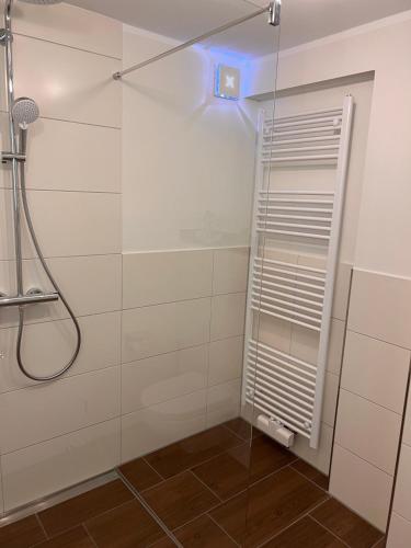 a shower with a glass door in a bathroom at Fewo Eckernförde mit Meerblick in Eckernförde