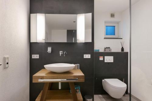a bathroom with a sink and a toilet at Goldbecker in Gaienhofen