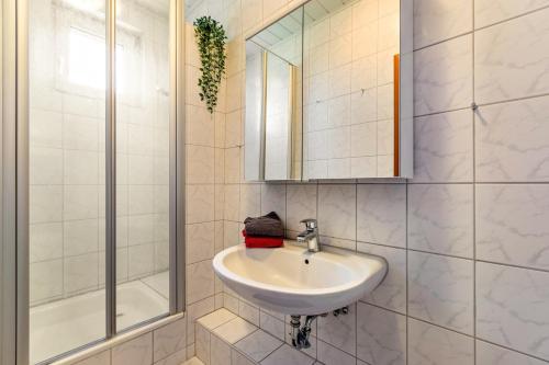 a white bathroom with a sink and a shower at Ferienwohnung Sawade Schafstedt in Schafstedt