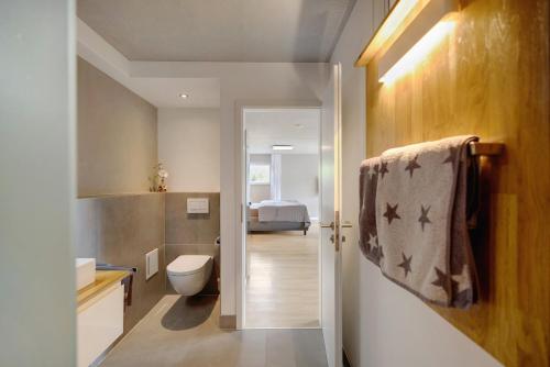 a bathroom with a toilet and a bed in a room at Ferienwohnung Frieda in Frickingen
