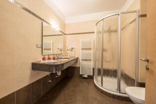 a bathroom with a shower and a sink and a toilet at Tischlerhof - Typ B mit Terrasse in Tirolo