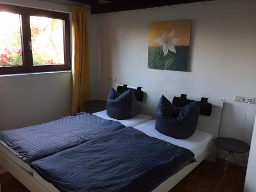 a bedroom with two beds with blue pillows at Ferienwohnung Schwahn in Kleinschönach