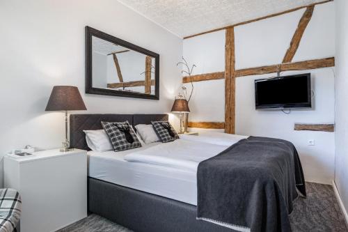 a bedroom with a large bed with a tv on the wall at Landhaus Heiddorf in Neu Kaliß