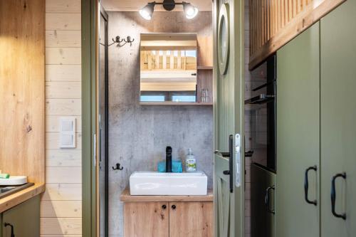 ein Badezimmer mit Waschbecken und Spiegel in der Unterkunft Tiny House Ingo John 'Shadow' in Sandstedt