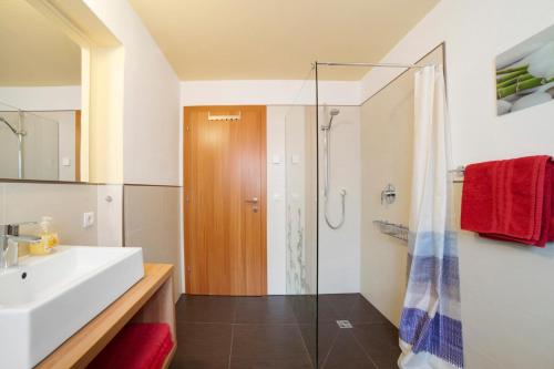 a bathroom with a sink and a shower at Joshof Talblick in Moso