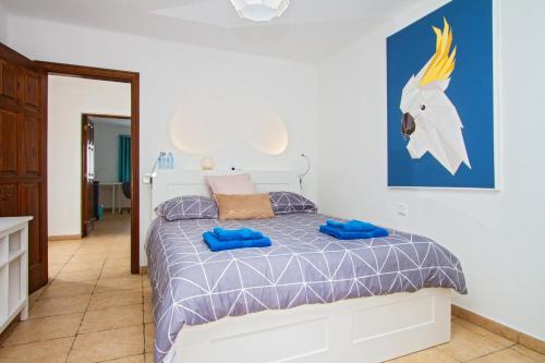 a bedroom with a bed with blue pillows on it at Villa Haere Mai in La Asomada