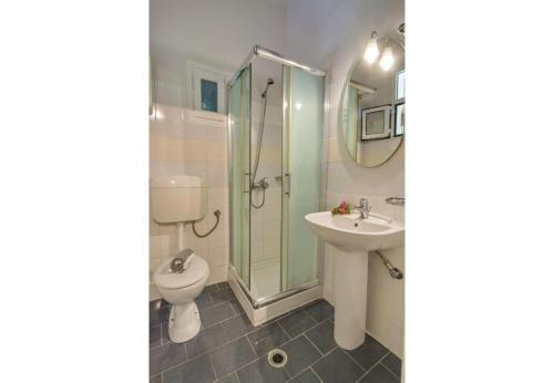 ein Badezimmer mit Dusche, Waschbecken und Toilette in der Unterkunft Villa Dendro in Lákka