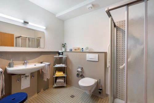ein Badezimmer mit Toilette, Waschbecken und Dusche in der Unterkunft Ferienwohnung Gartenblick in Freiamt