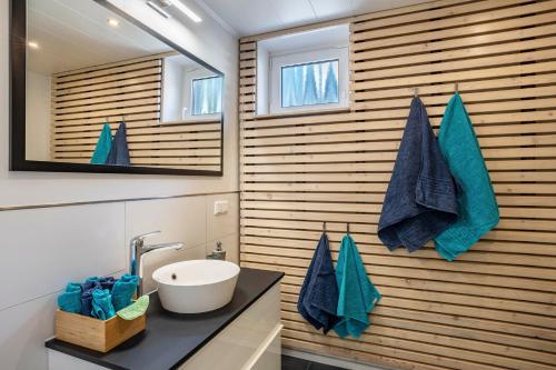 a bathroom with a sink and a mirror at Ferienwohnung Drachenstein in Weinheim