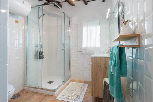 a bathroom with a shower and a toilet at Preciosa Casa el Pedroso in El Pedroso