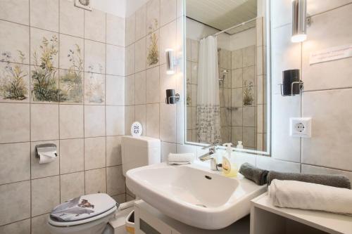 a bathroom with a sink and a toilet and a mirror at Haus Bernhardt in Langenargen