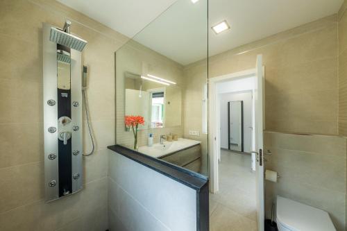 a bathroom with a shower and a toilet and a sink at Villa Neptuno in Cala Ratjada