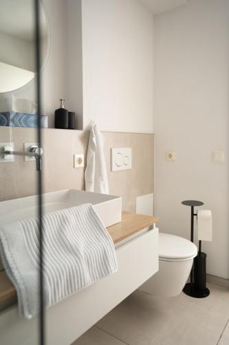 a bathroom with a white sink and a toilet at Lo Ferienwohnung in Friedrichshafen