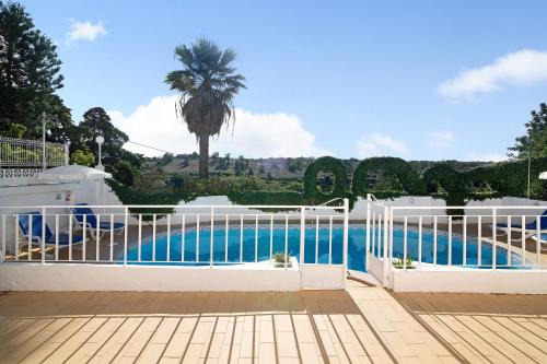 a swimming pool with a white fence and a palm tree at Vila Caracol in Guia