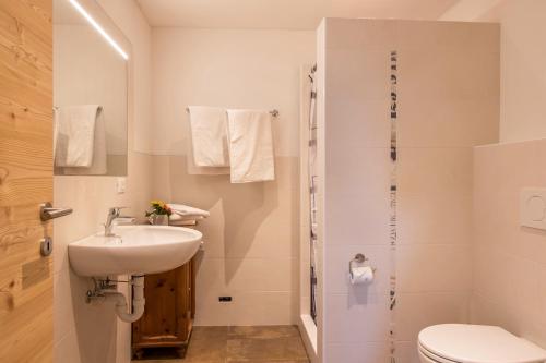 a small bathroom with a sink and a toilet at Nigglhof Apartment Maria in Redagno