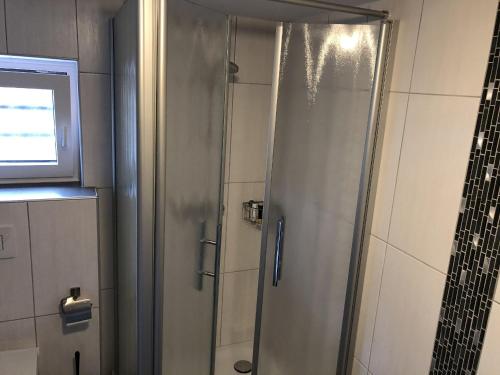 a shower with a glass door in a bathroom at Ferienwohnung Wiesenblick in Plettenberg