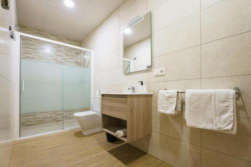a bathroom with a toilet and a sink and a shower at Sophie Apartamentos - Burela in Burela de Cabo