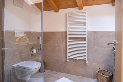 a bathroom with a toilet and a glass shower stall at Oberpatiglhof - Lukas in Brie