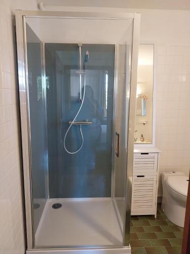 a shower with a glass door in a bathroom at La Maison Chez Karen in Séniergues