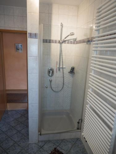 a bathroom with a shower with a glass door at Ferienhof Henn in Weikersheim